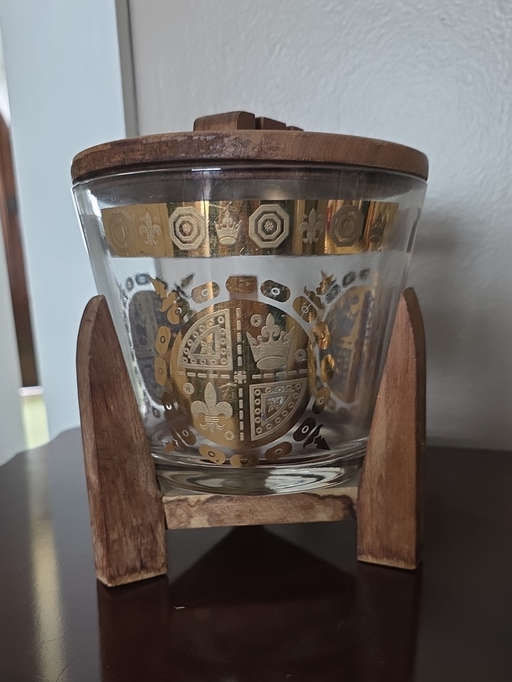 Vintage Gold Crest Glass Ice Bucket with Wooden Stand And Lid